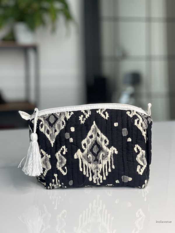 Black hand block printed medium size toiletry bag for all your travel essentials, leak-proof and washable perfect to gift. | Black Romantic