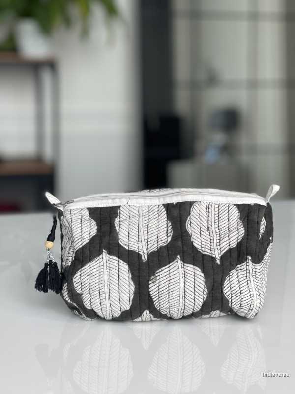 Black white hand block printed small size toiletry bag for all your travel essentials, leak-proof and washable, perfect to gift | Black Leaves