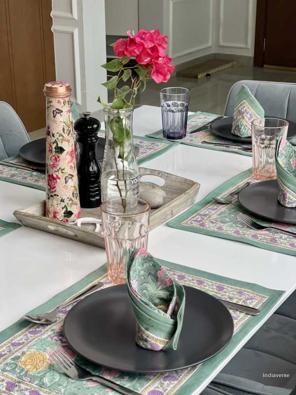 placemat napkin set for 6 people dining table with hand block printed green purple floral design 