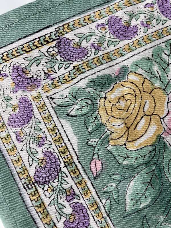 placemat napkin set for 6 people dining table with hand block printed green purple floral design 