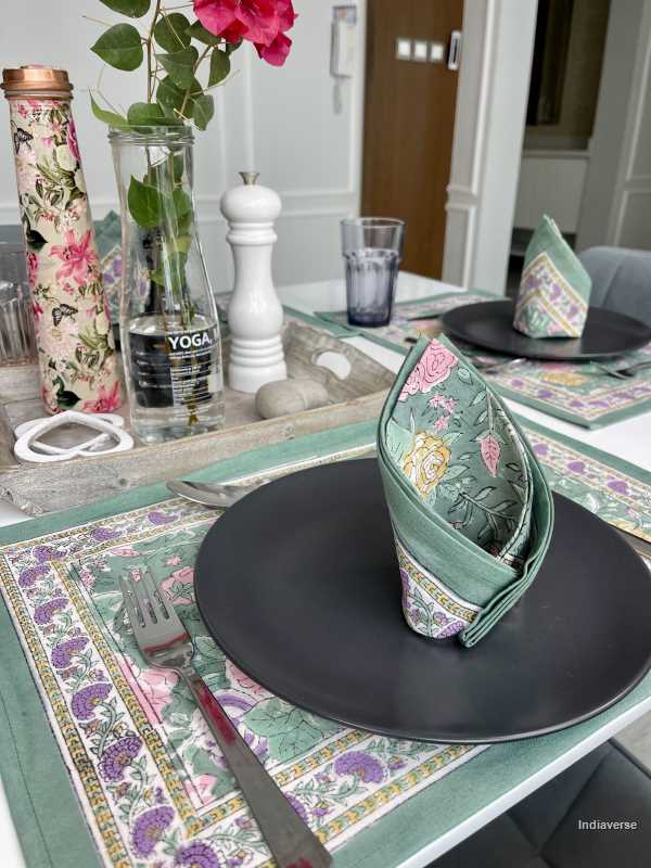 placemat napkin set for 6 people dining table with hand block printed green purple floral design 