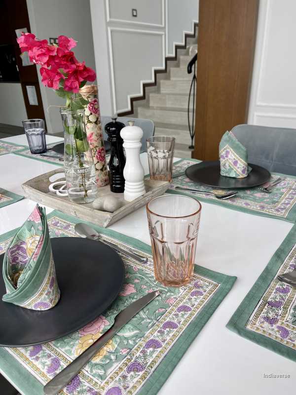 placemat napkin set for 6 people dining table with hand block printed green purple floral design 