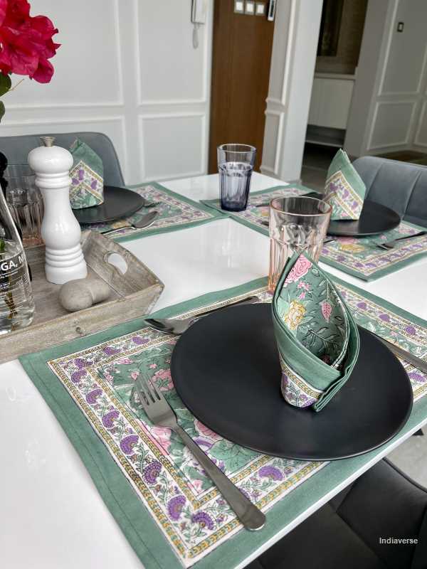 placemat napkin set for 6 people dining table with hand block printed green purple floral design 