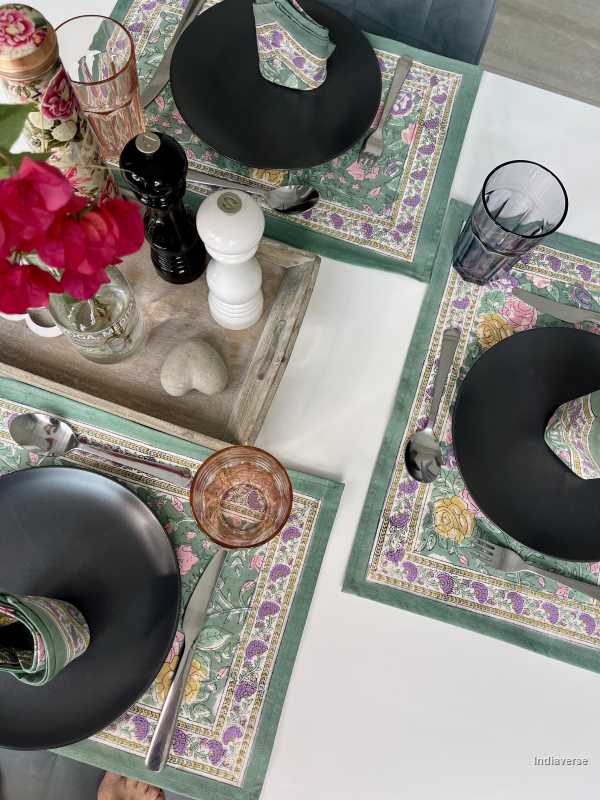 placemat napkin set for 6 people dining table with hand block printed green purple floral design 