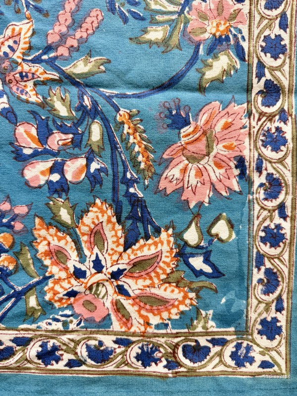 A close-up of a patterned textile or rug showing a turquoise blue ground with large floral motifs in pink, orange, cream, and navy, plus a decorative border.
