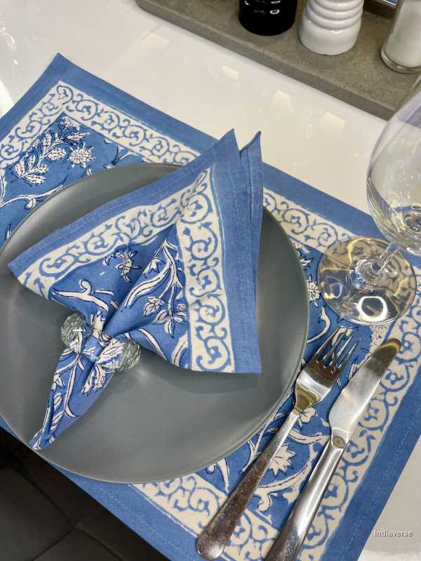 Blue white placemat napkin set for 6 people dining table with hand block printed blue floral design 