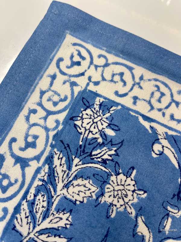 Blue white placemat napkin set for 6 people dining table with hand block printed blue floral design 