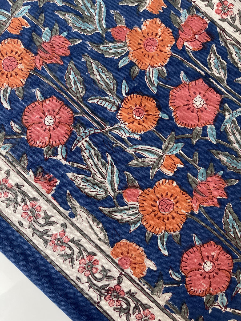 Blue coral hand block printed table runner Orange Flowers in cotton canvas 