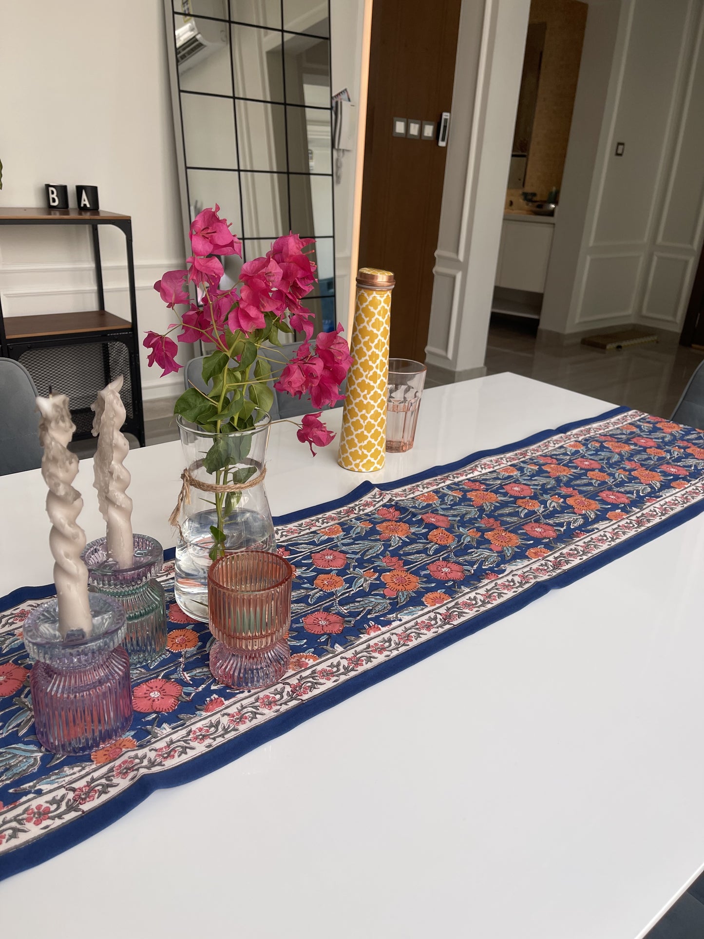 Blue coral hand block printed table runner Orange Flowers in cotton canvas 