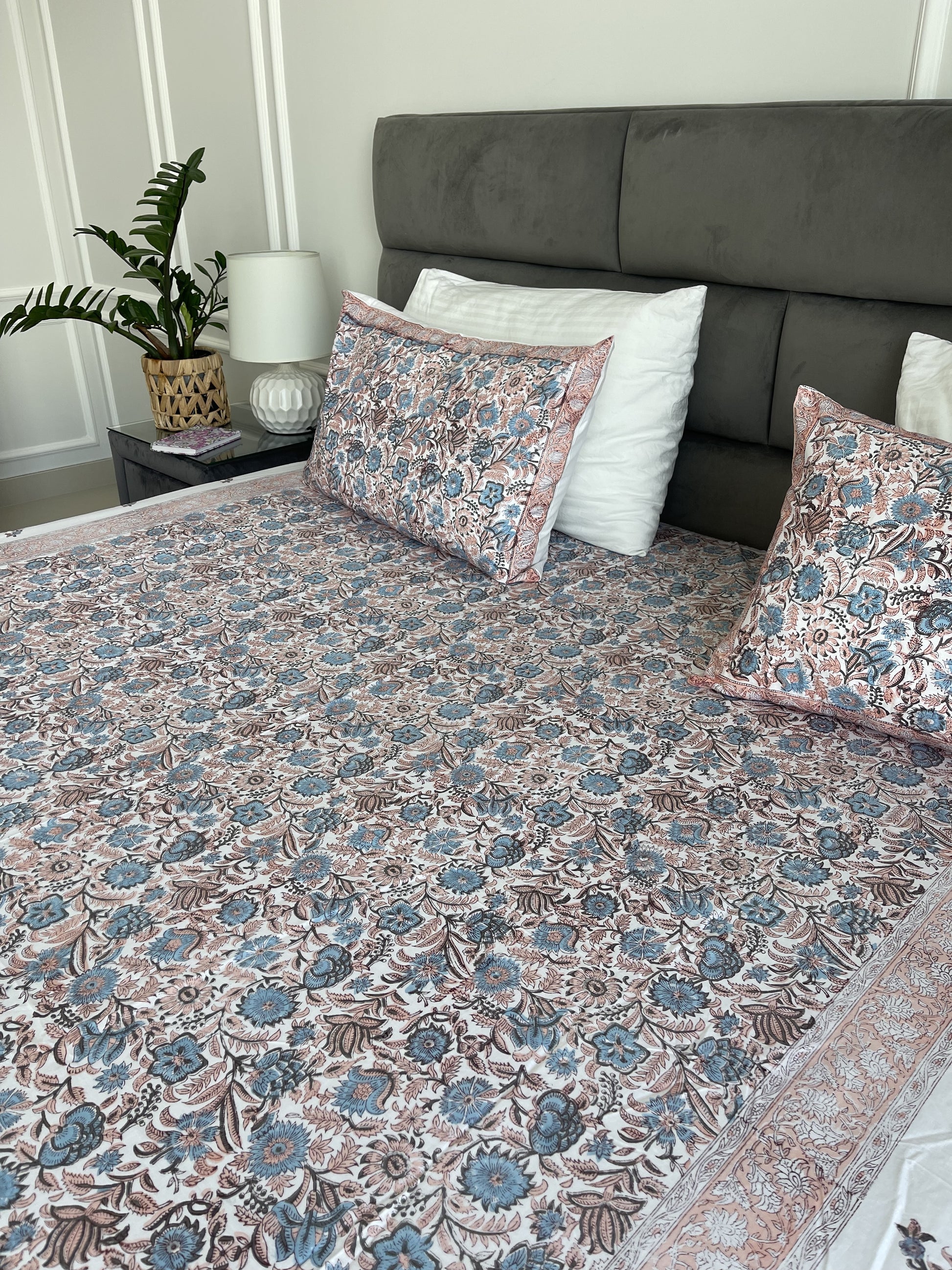 Blue coral Sheet Set Cornflower handblock printed and crafted includes flat sheet with 2 matching pillowcases in pure cotton