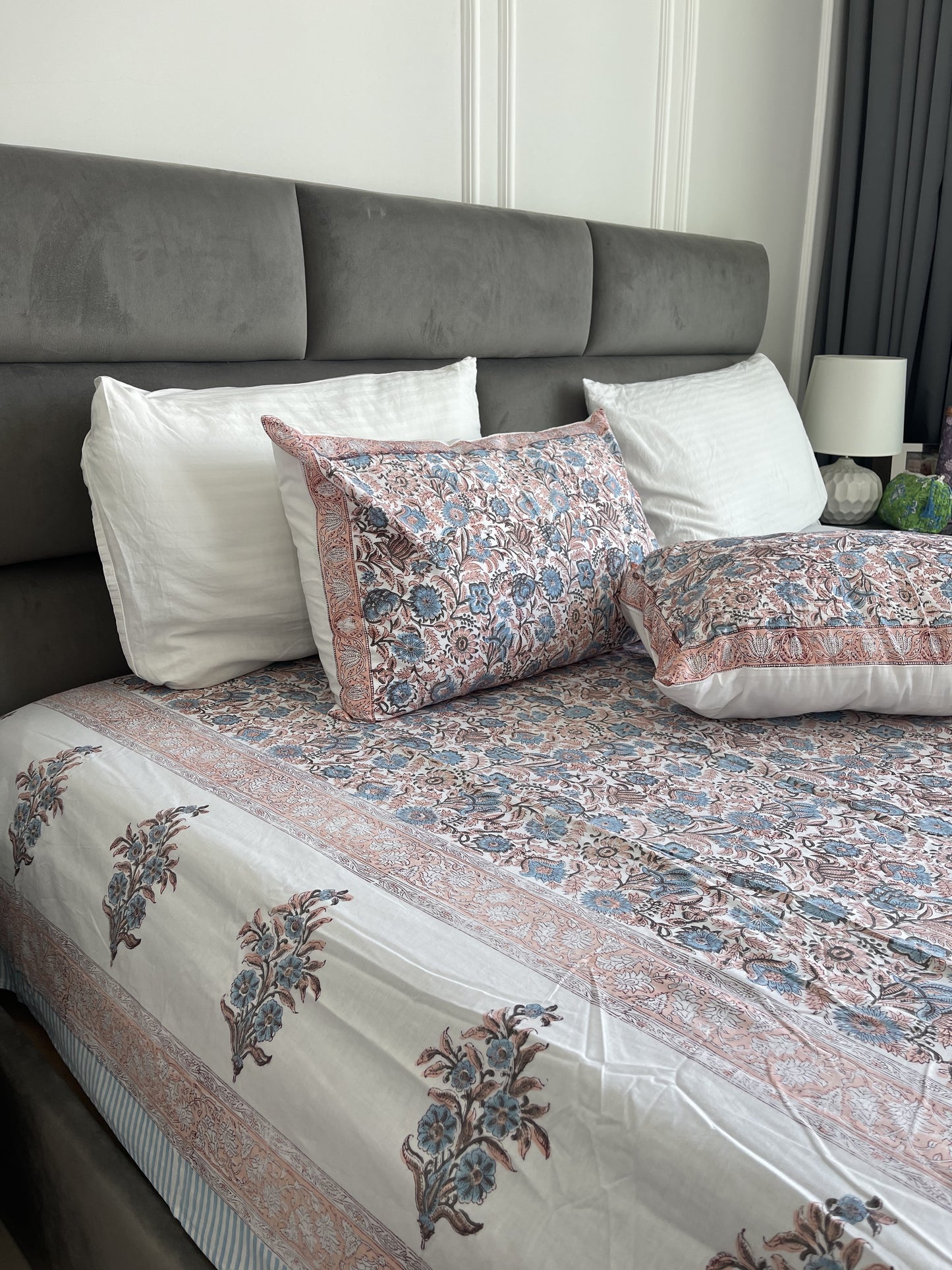Blue coral Sheet Set Cornflower handblock printed and crafted includes flat sheet with 2 matching pillowcases in pure cotton