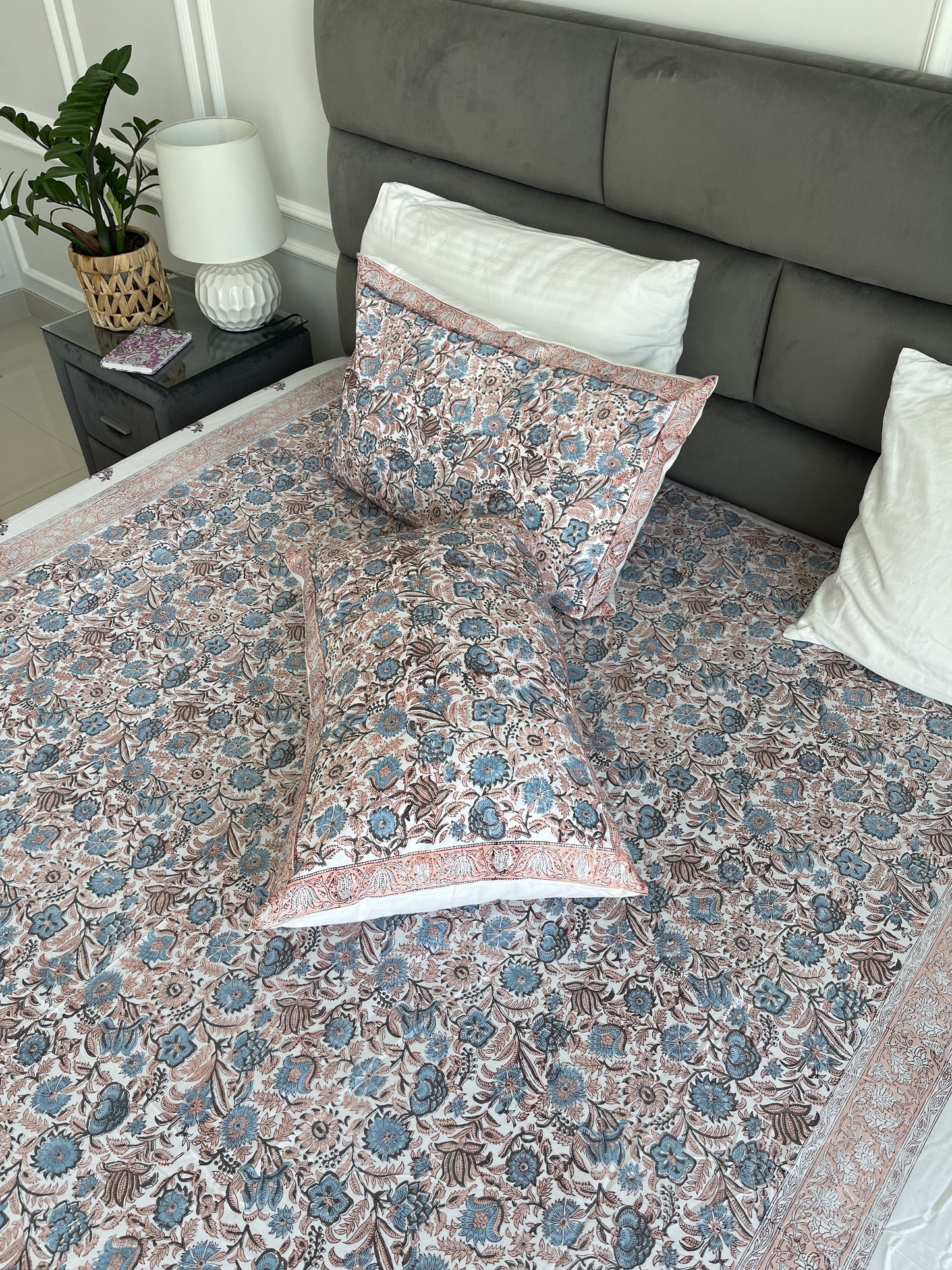 Blue coral Sheet Set Cornflower handblock printed and crafted includes flat sheet with 2 matching pillowcases in pure cotton