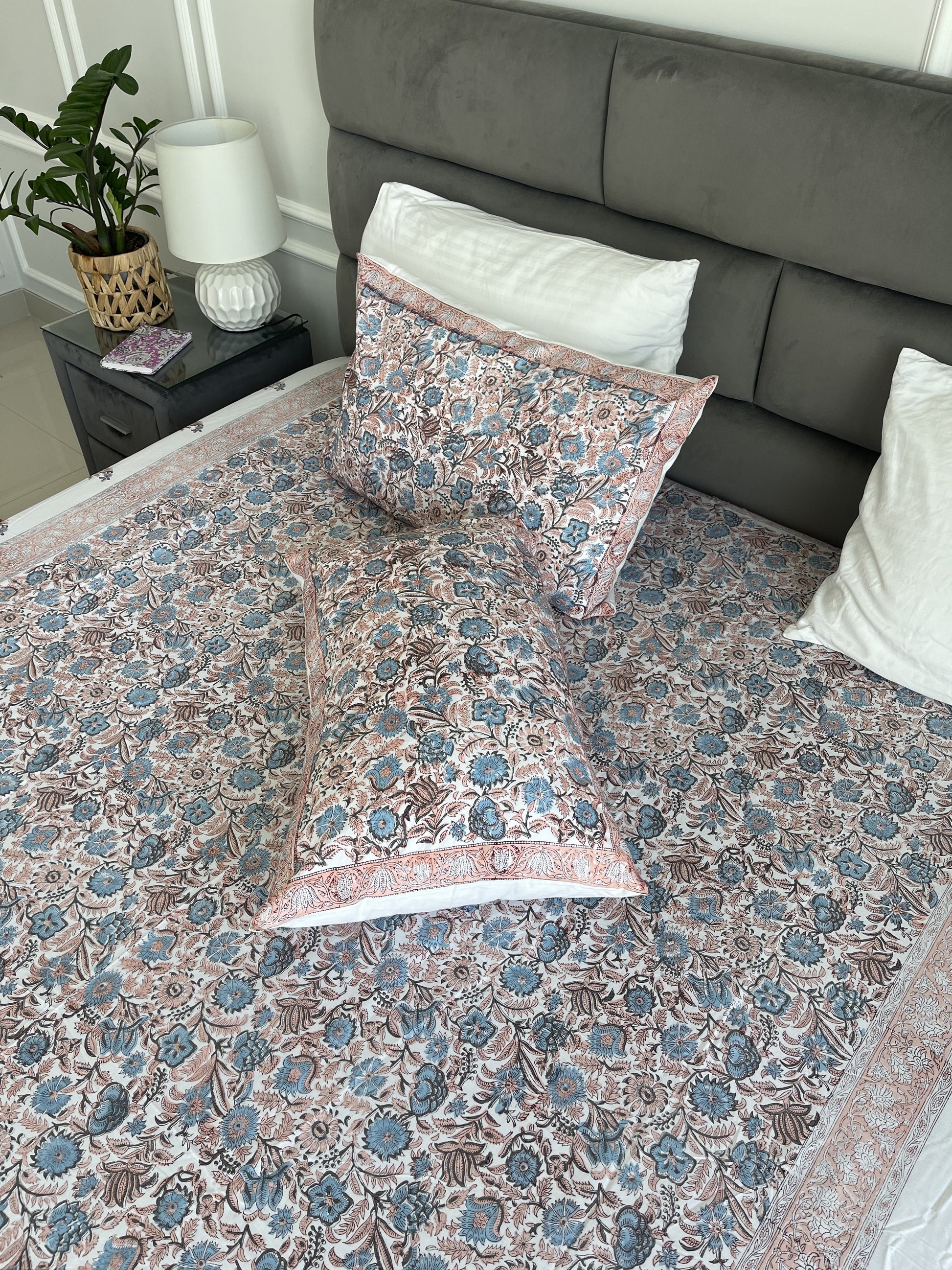Blue coral Sheet Set Cornflower handblock printed and crafted includes flat sheet with 2 matching pillowcases in pure cotton