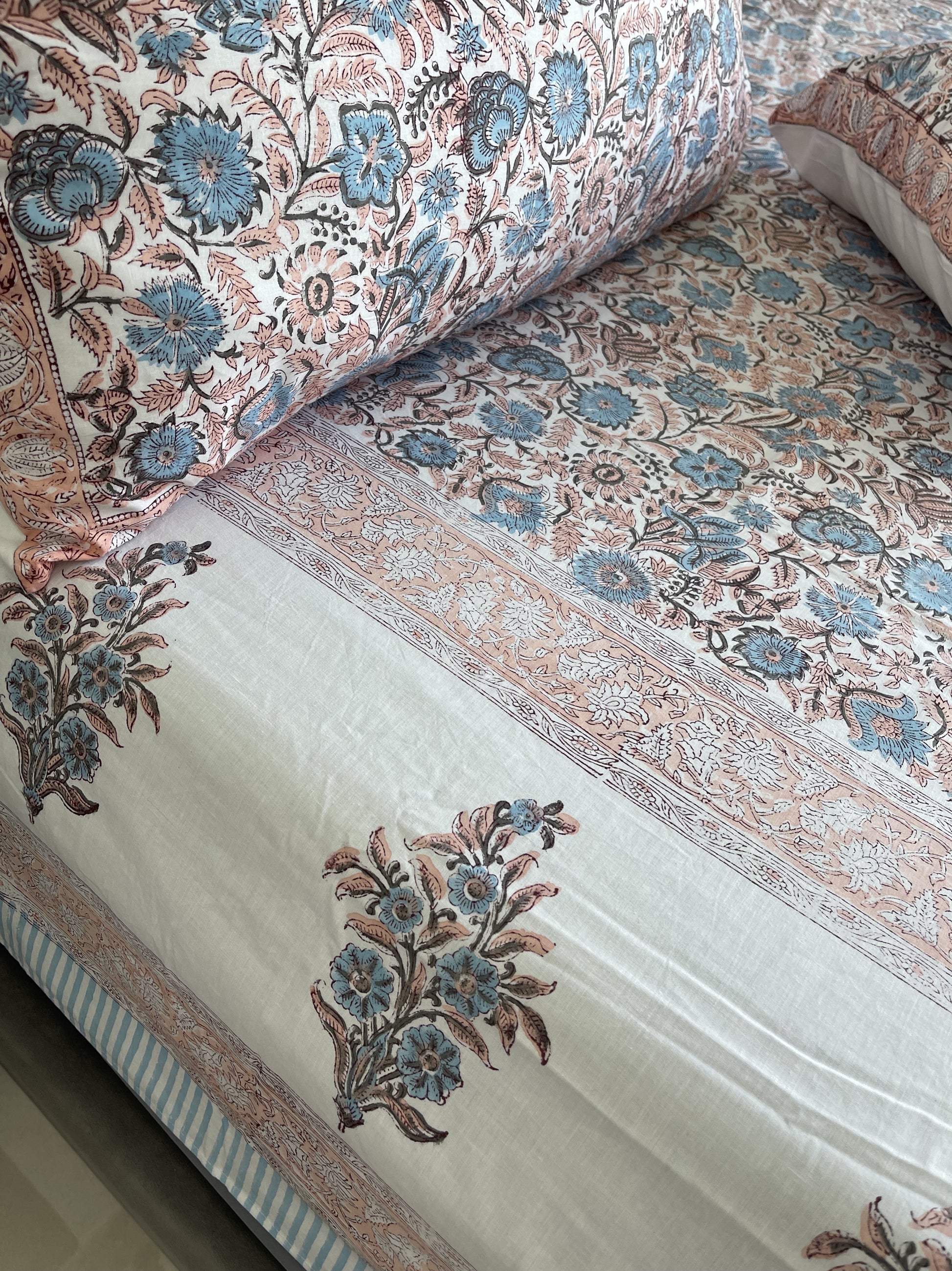 Blue coral Sheet Set Cornflower handblock printed and crafted includes flat sheet with 2 matching pillowcases in pure cotton