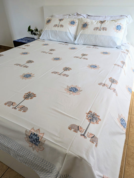 Blue coral white Percale Sheet Set Lotus Elephant handblock printed and crafted includes flat sheet with 2 matching pillowcases in pure cotton