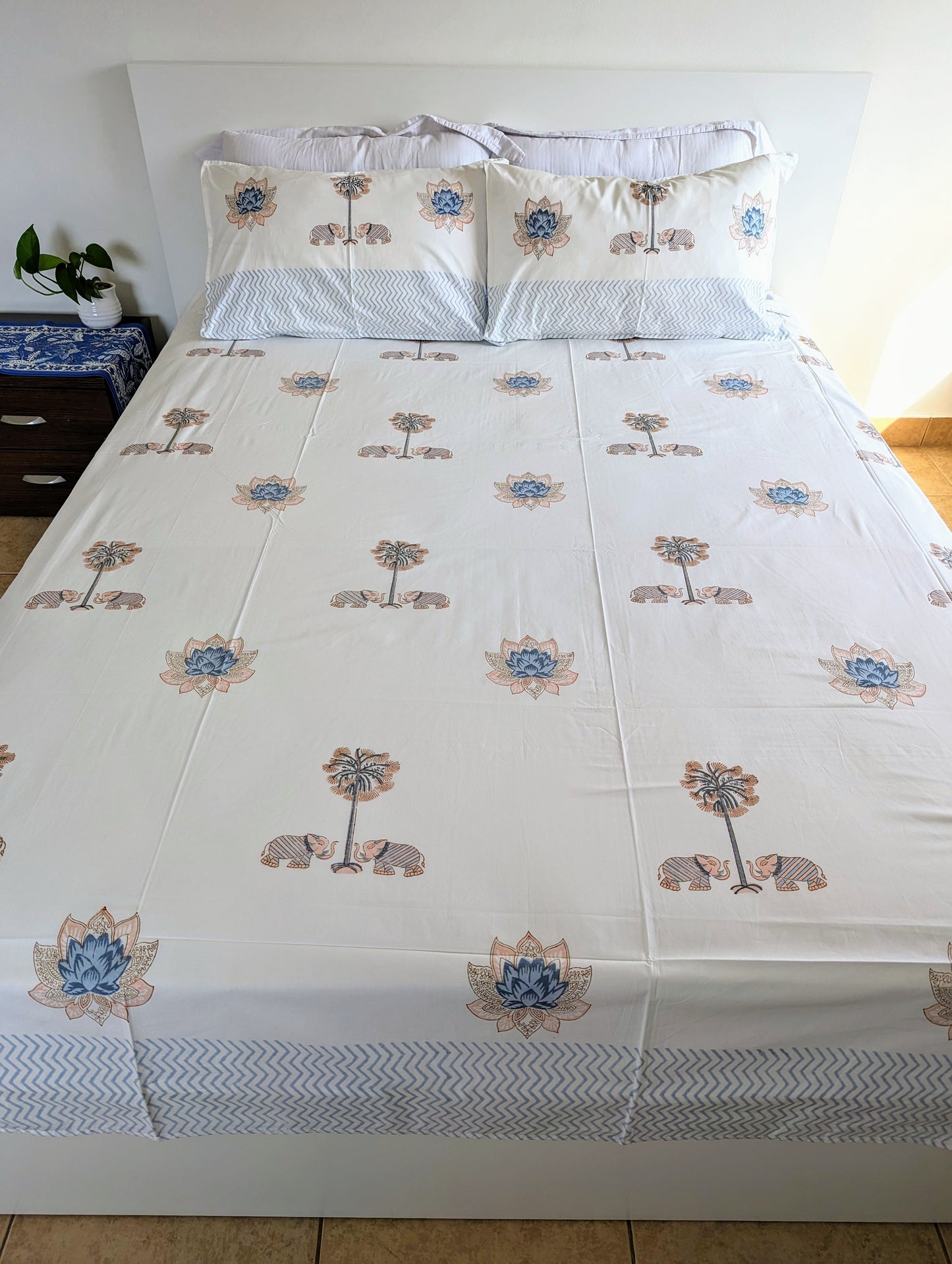 Blue coral white Percale Sheet Set Lotus Elephant handblock printed and crafted includes flat sheet with 2 matching pillowcases in pure cotton