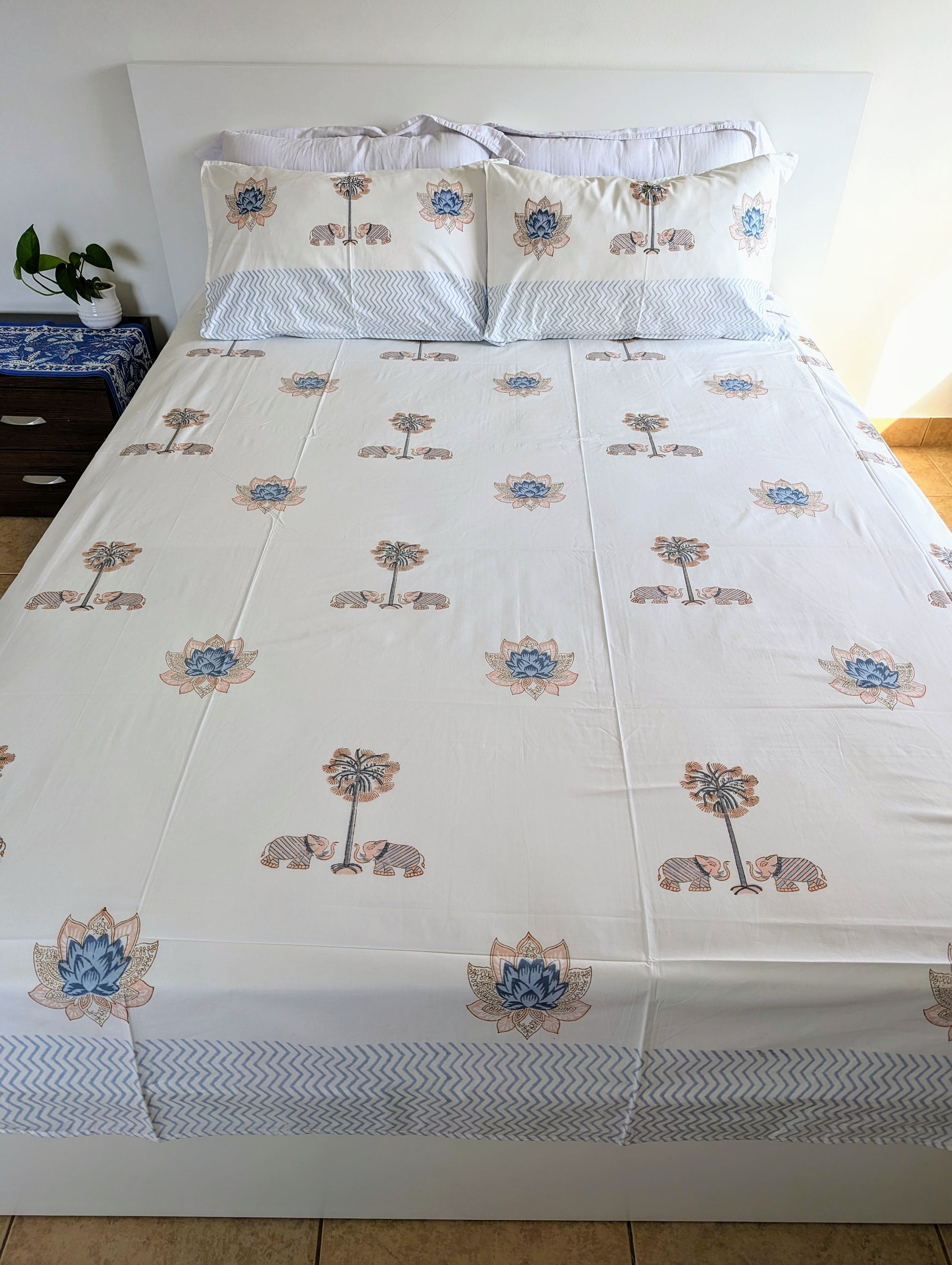 Blue coral white Percale Sheet Set Lotus Elephant handblock printed and crafted includes flat sheet with 2 matching pillowcases in pure cotton