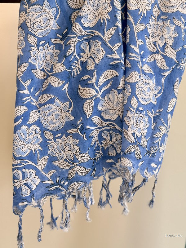 Close up of floral design on a blue cotton scarf