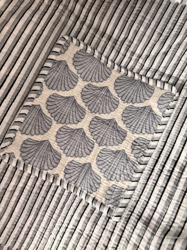 inside pocket view of the tote bag with striped fabric inside
