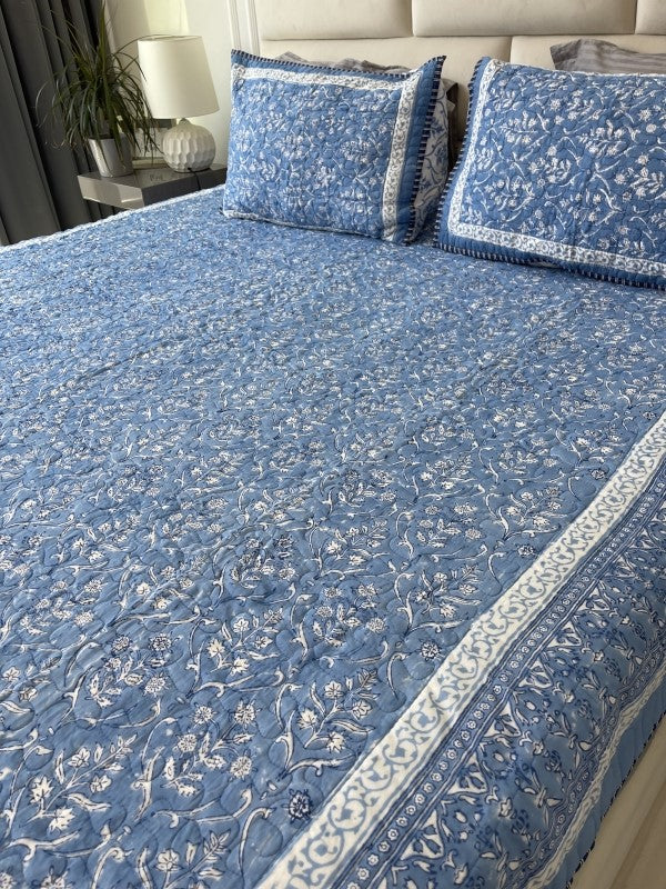 Blue Jaipuri Comforter for queen and king size beds in pure cotton with 2 matching quilted pillow cases