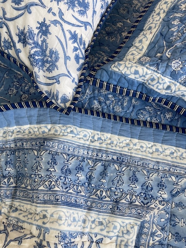 Blue Jaipuri Comforter for queen and king size beds in pure cotton with 2 matching quilted pillow cases