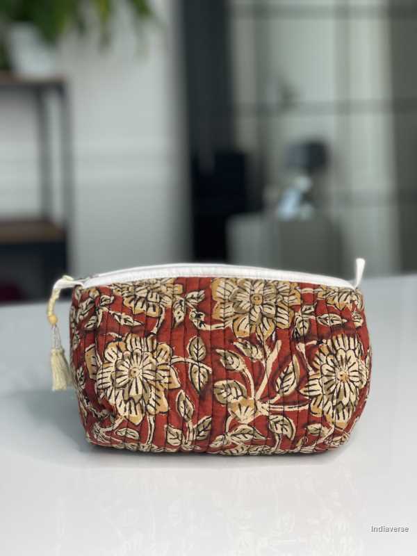 Red hand block printed small size toiletry bag for all your travel essentials, leak-proof and washable, perfect to gift | Burgundy