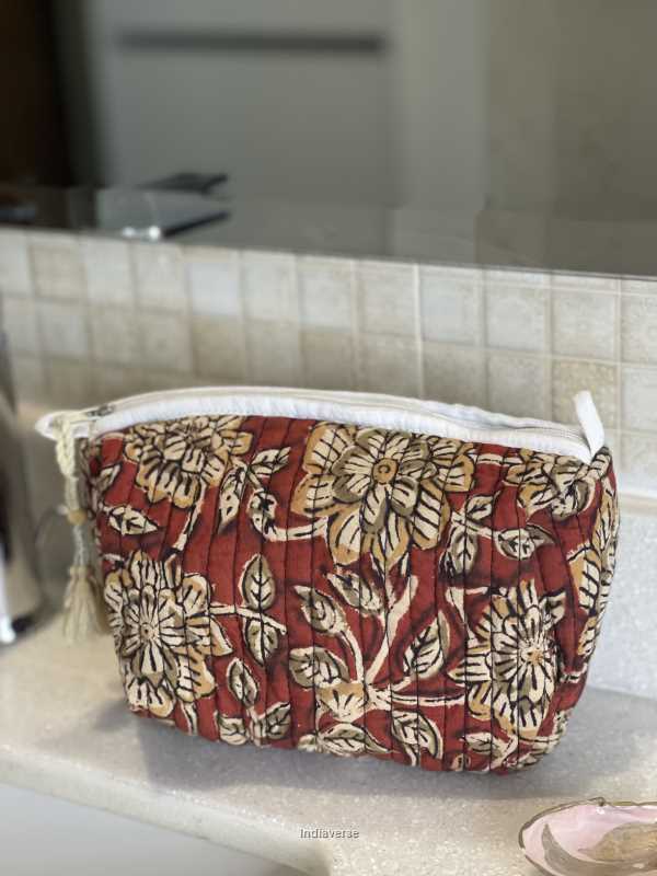 Red hand block printed small size toiletry bag for all your travel essentials, leak-proof and washable, perfect to gift | Burgundy