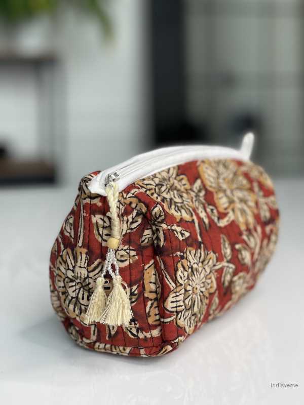 Red hand block printed small size toiletry bag for all your travel essentials, leak-proof and washable, perfect to gift | Burgundy