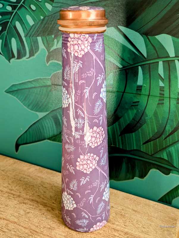 Enameled copper bottle in elegant tower shape with purple flower design with 700 ml capacity for drinking water