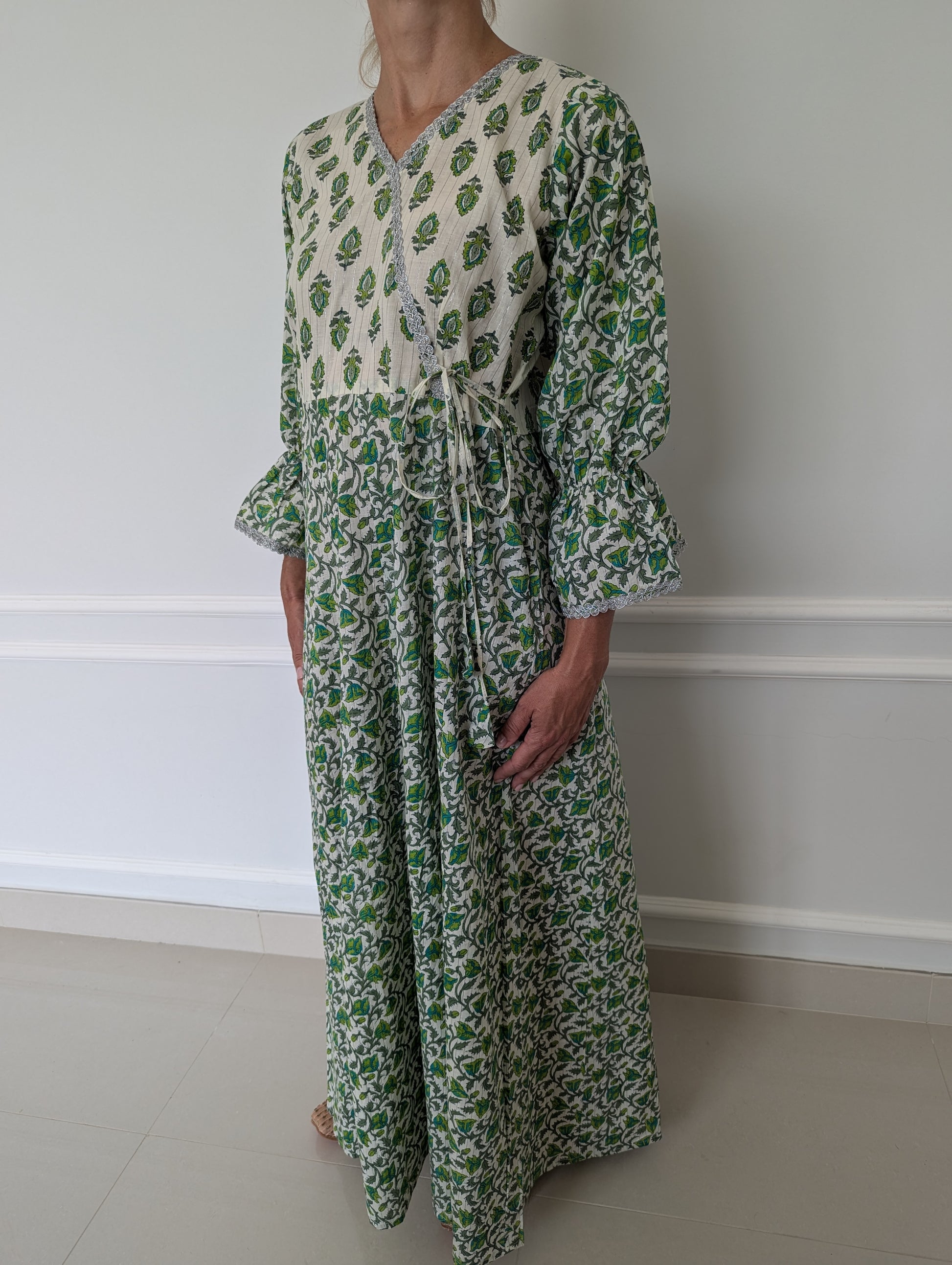 Cotton-Wrap-Dress-Green Fairytale-with-silver-border-and-tie-up-detail-full-length-sleeves-and-ankle-length