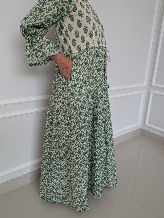 Cotton-Wrap-Dress-Green Fairytale-with-silver-border-and-tie-up-detail-full-length-sleeves-and-ankle-length