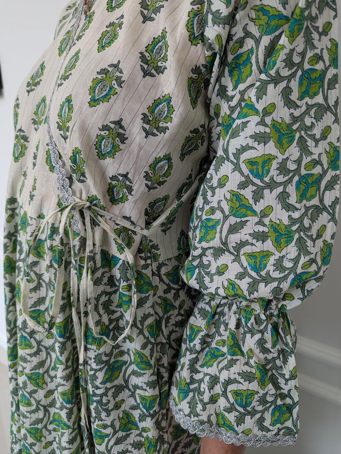 Cotton-Wrap-Dress-Green Fairytale-with-silver-border-and-tie-up-detail-full-length-sleeves-and-ankle-length