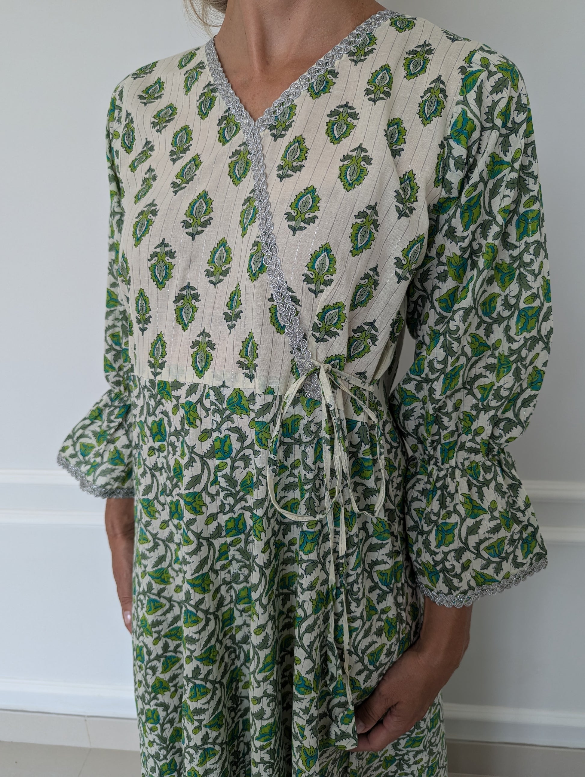 Cotton-Wrap-Dress-Green Fairytale-with-silver-border-and-tie-up-detail-full-length-sleeves-and-ankle-length