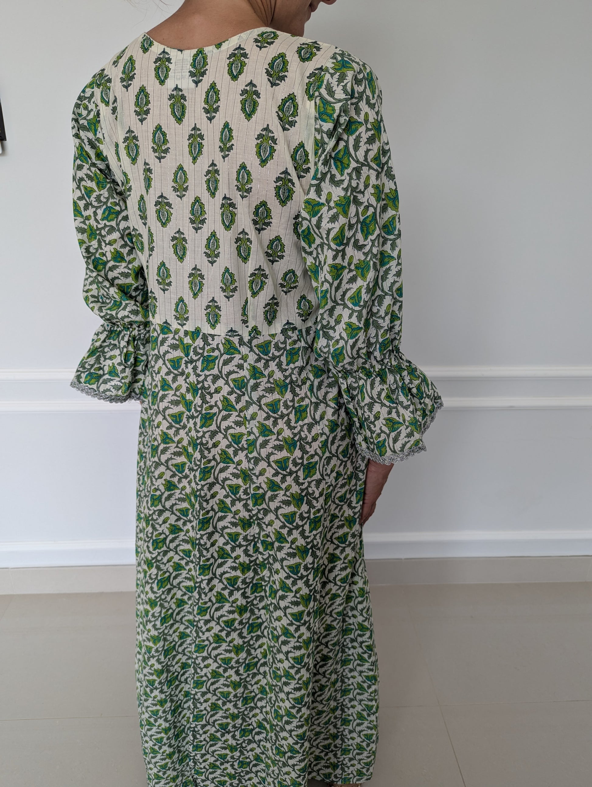 Cotton-Wrap-Dress-Green Fairytale-with-silver-border-and-tie-up-detail-full-length-sleeves-and-ankle-length