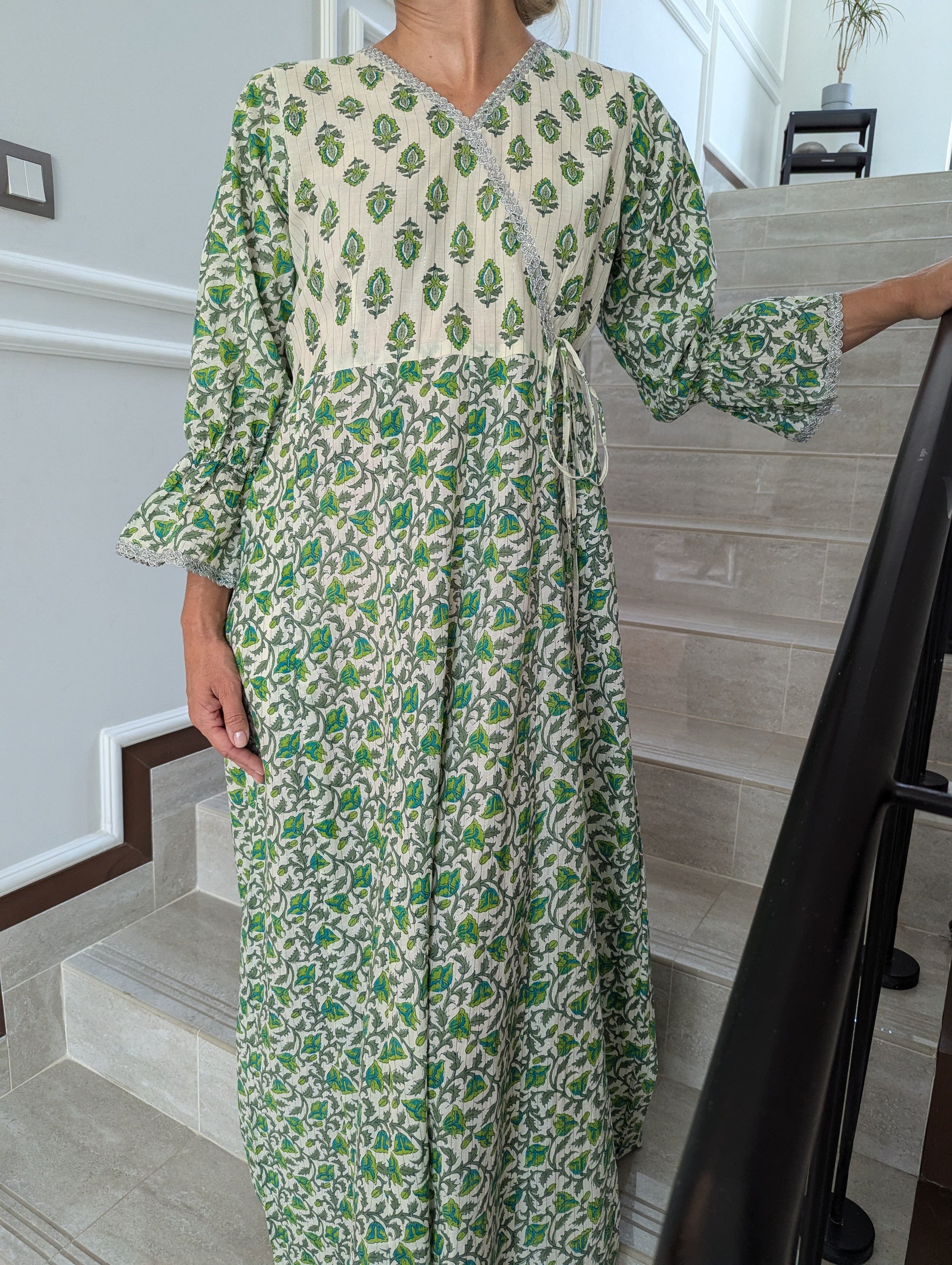 Cotton-Wrap-Dress-Green Fairytale-with-silver-border-and-tie-up-detail-full-length-sleeves-and-ankle-length