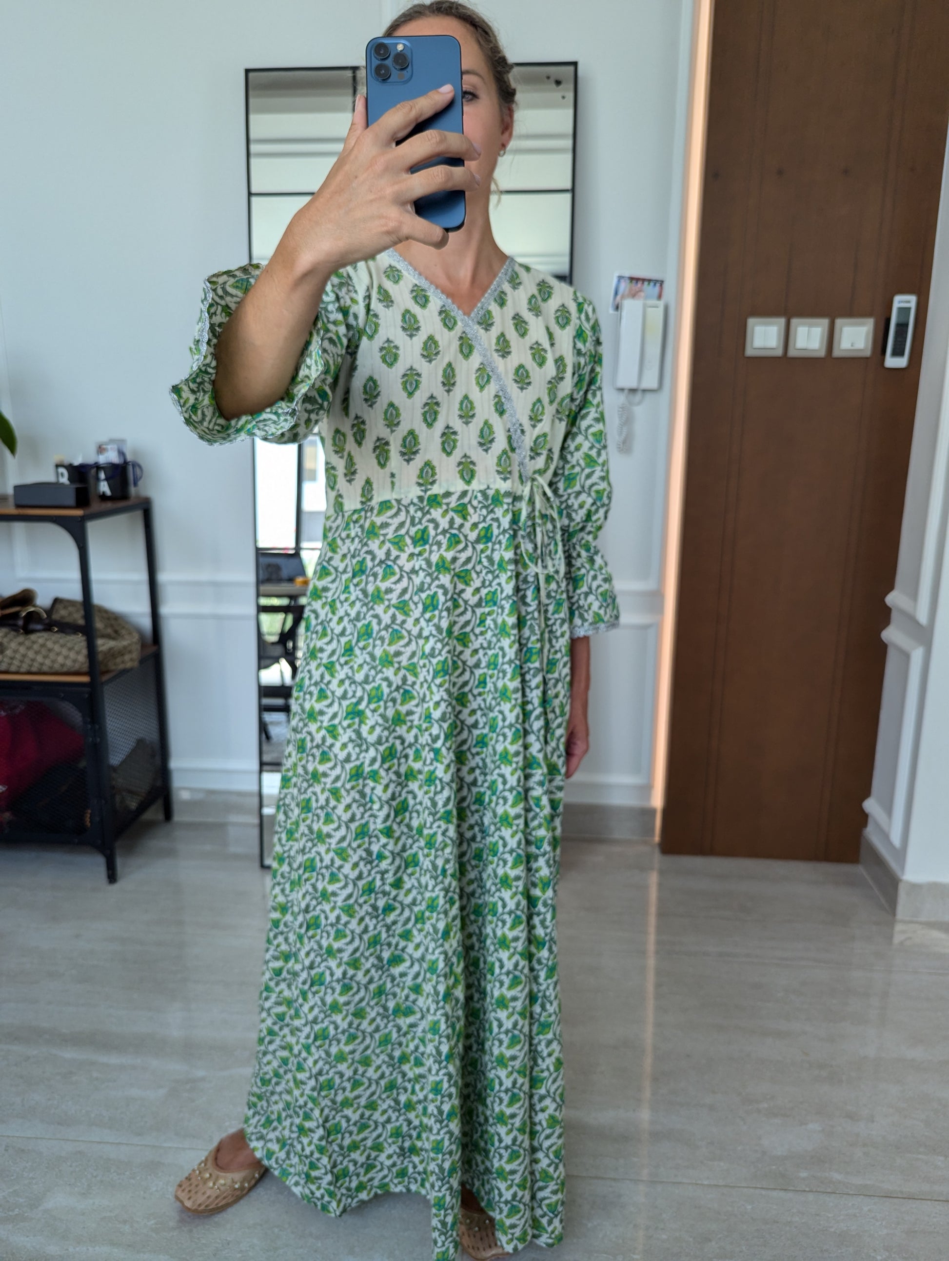 Cotton-Wrap-Dress-Green Fairytale-with-silver-border-and-tie-up-detail-full-length-sleeves-and-ankle-length