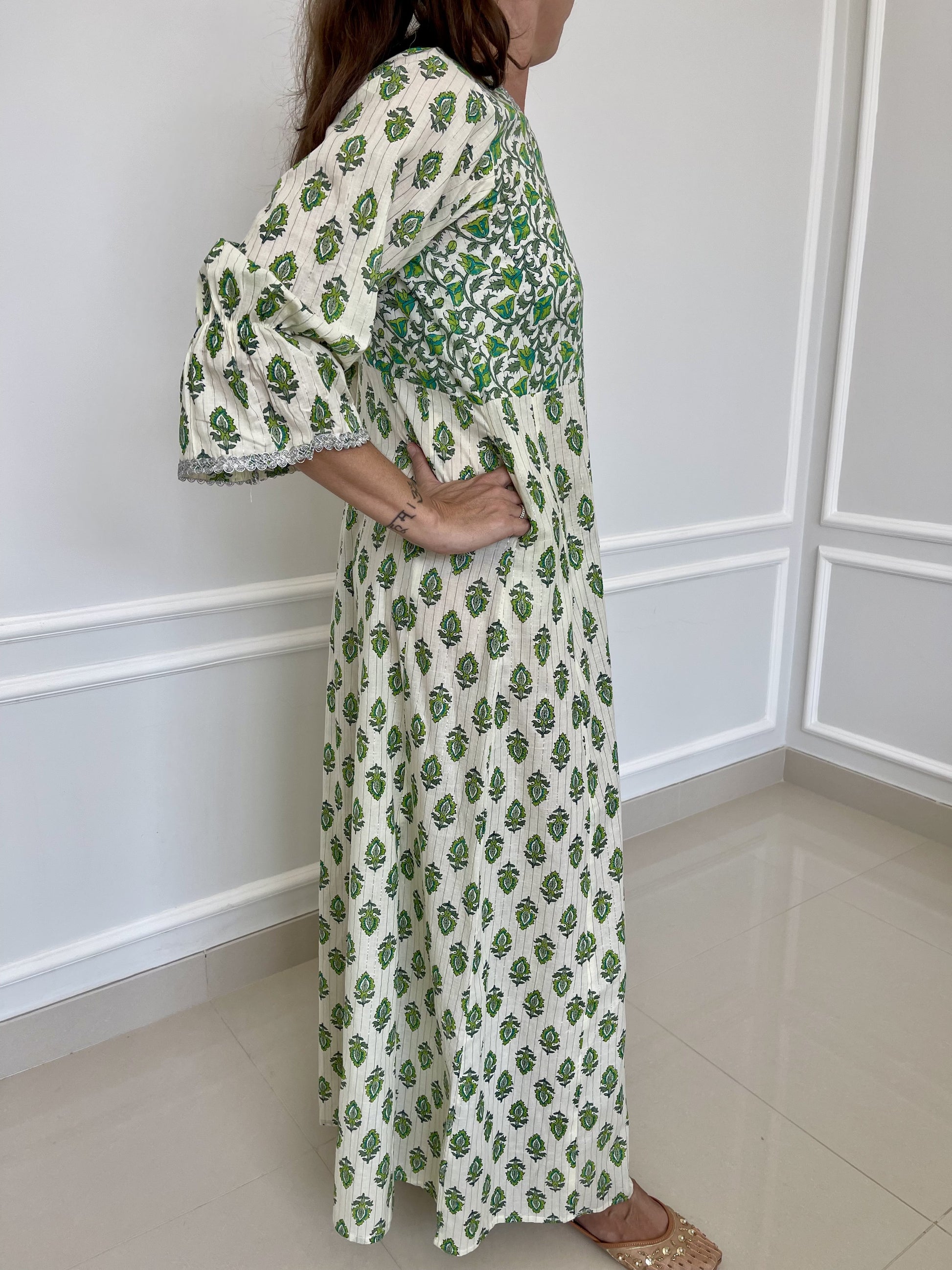 Cotton-Wrap-Dress-Green Myth-with-silver-border-and-tie-up-detail-full-length-sleeves-and-ankle-length