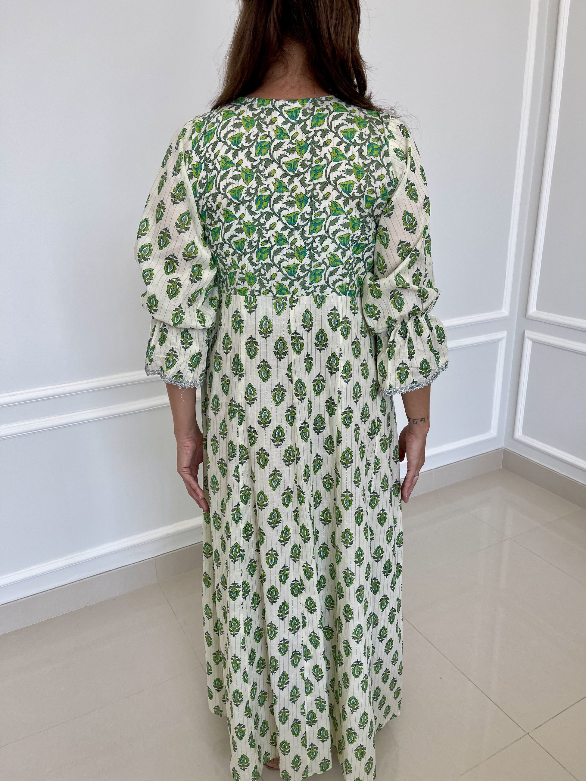 Cotton-Wrap-Dress-Green Myth-with-silver-border-and-tie-up-detail-full-length-sleeves-and-ankle-length