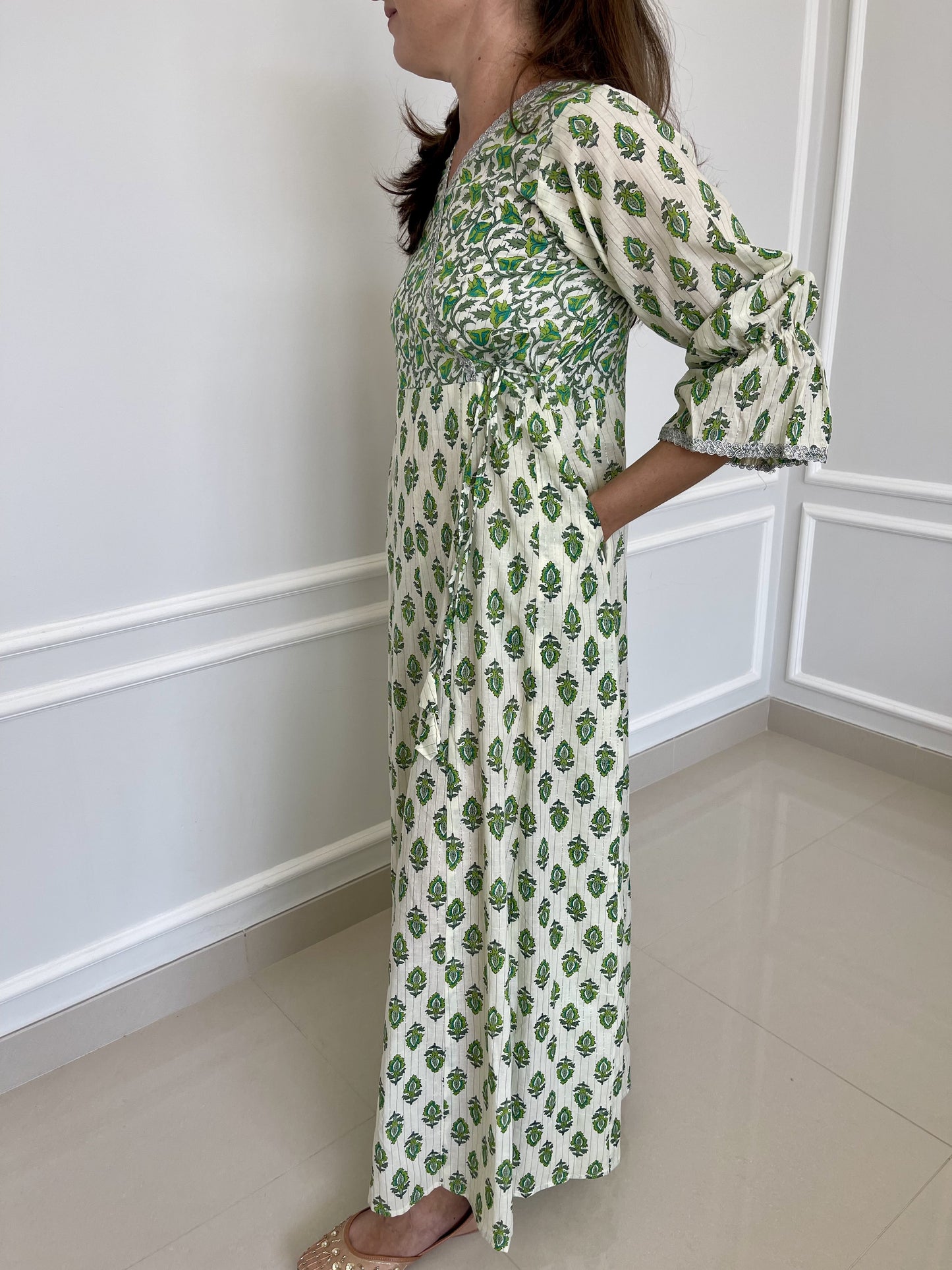 Cotton-Wrap-Dress-Green Myth-with-silver-border-and-tie-up-detail-full-length-sleeves-and-ankle-length