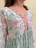 Person wearing a floral patterned dress with pink and green flowers.
