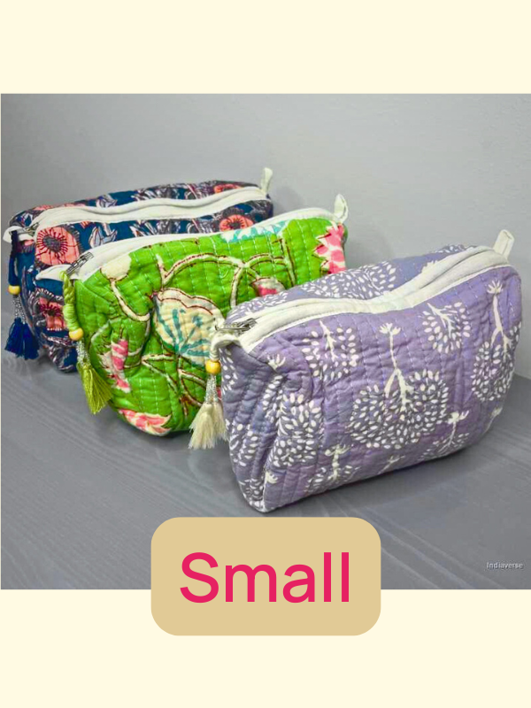 Hand block printed small toiletry bags in different designs and colors perfect for travel, gifting and as cosmetic pouch