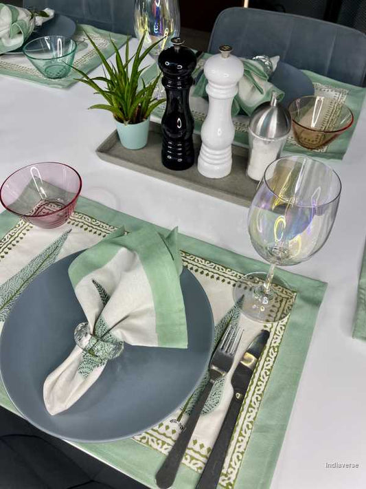 Green 6-piece hand block printed placemat and napkin set from premium 100% Indian cotton