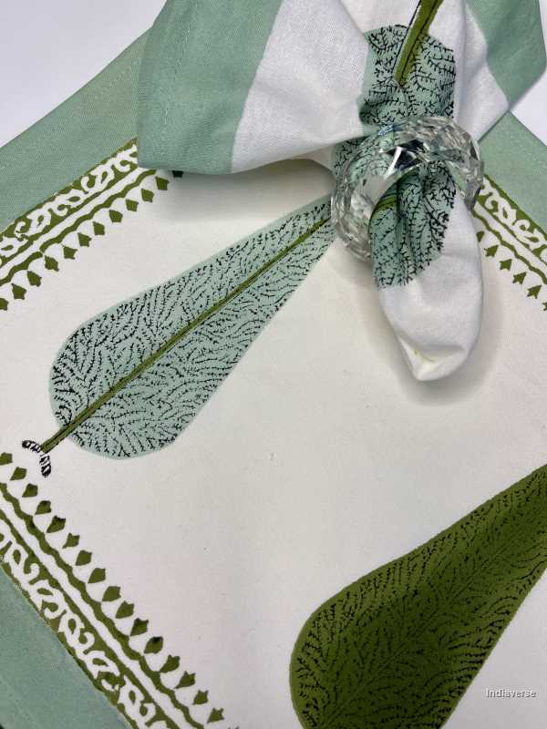 Green 6-piece hand block printed placemat and napkin set from premium 100% Indian cotton