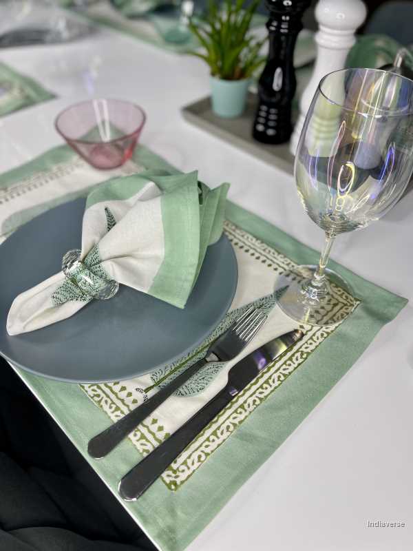 placemat napkin set for 6 people dining table with hand block printed green design