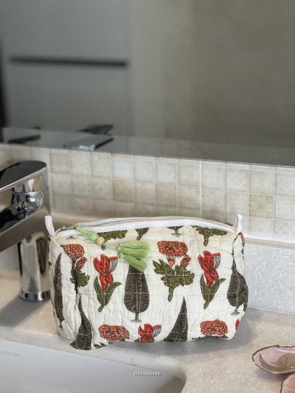 beige green hand block printed small size toiletry bag for all your travel essentials, leak-proof and washable, perfect to gift | Cypress Garden