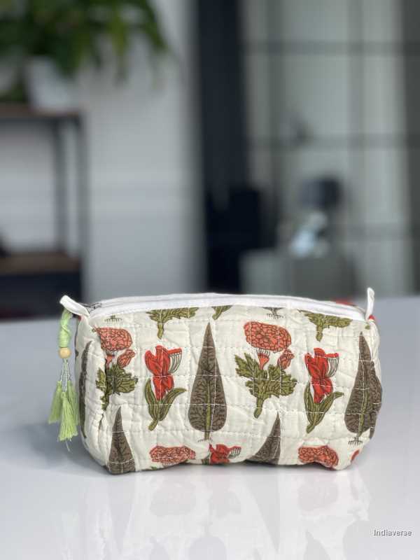 beige green hand block printed small size toiletry bag for all your travel essentials, leak-proof and washable, perfect to gift | Cypress Garden