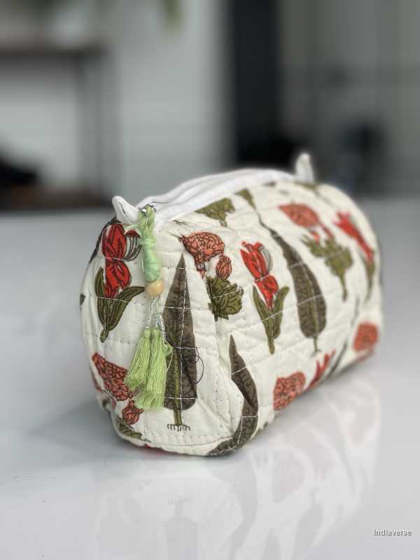 beige green hand block printed small size toiletry bag for all your travel essentials, leak-proof and washable, perfect to gift | Cypress Garden