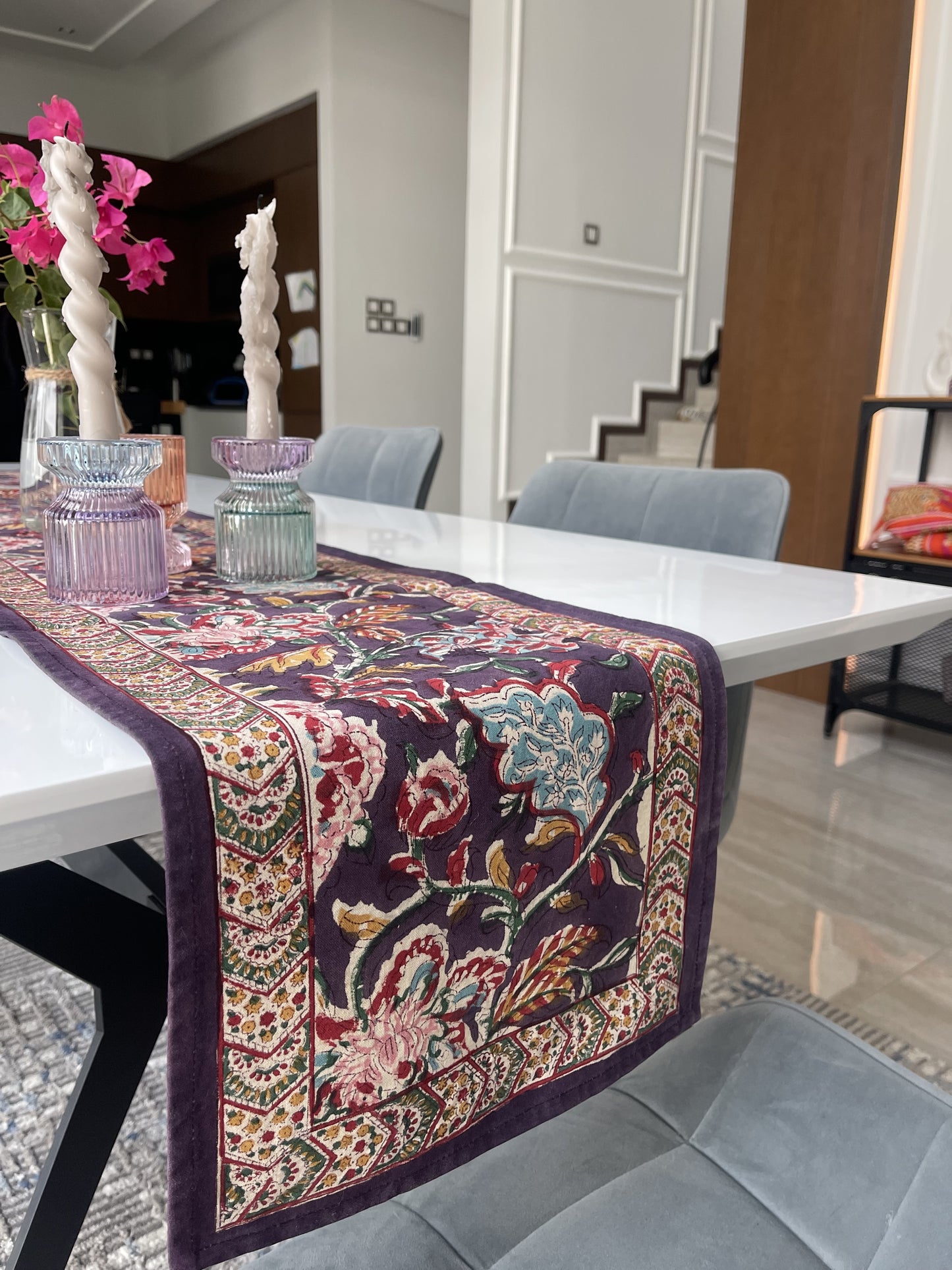 Hand block printed table runner Dark Purple in cotton canvas 