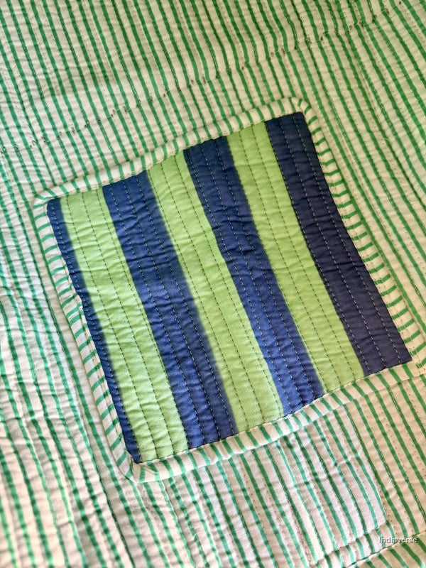 Inside pocket view with green and blue stripes