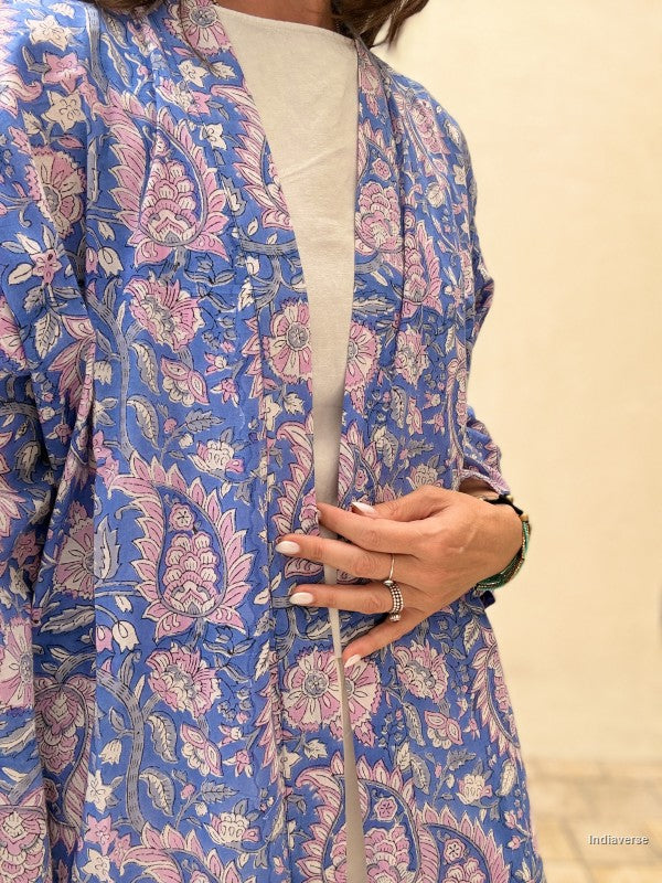 Blue floral patterned kurta with a beige background